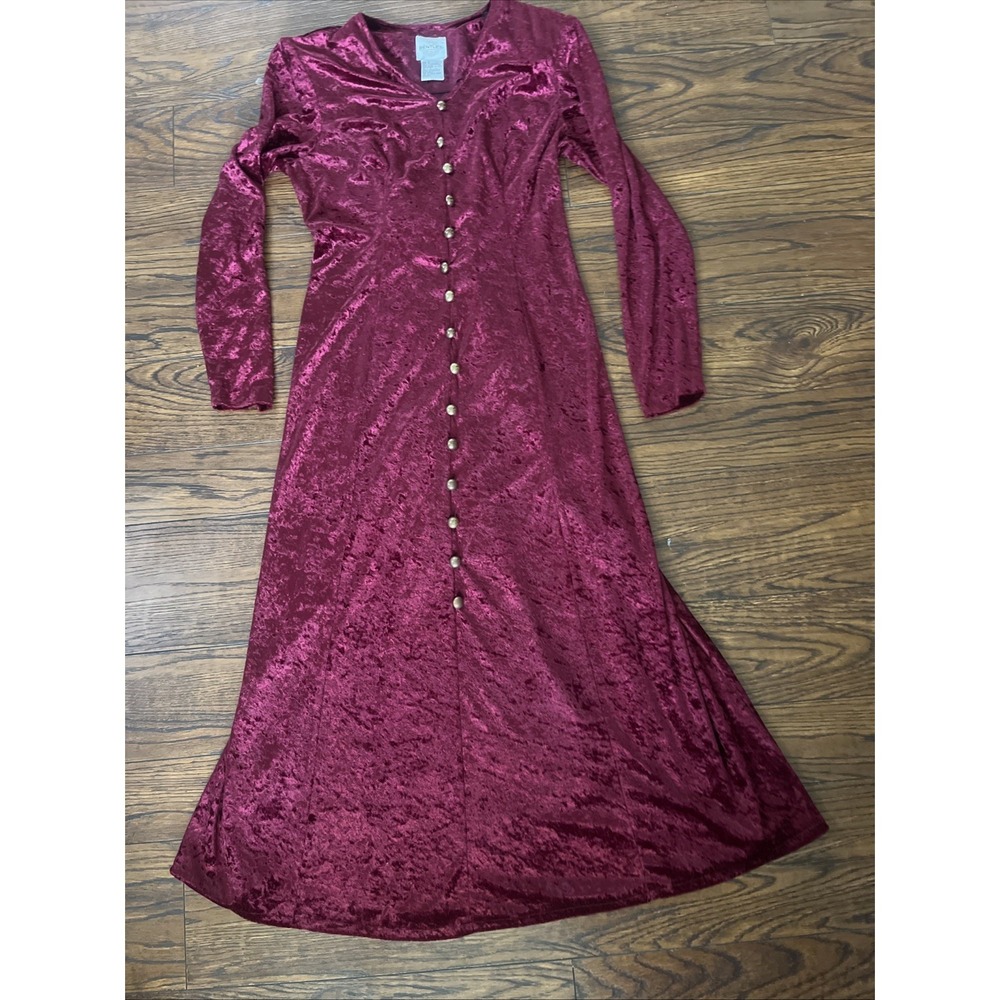 Vintage 90s Goth Bentley Red Crushed Velvet Tie Back Long Sleeve Midi Dress 8